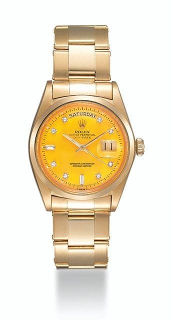 ROLEX, GOLD AND DIAMONDS DAY-DATE WITH YELLOW STELLA DIAL, REF. 1802